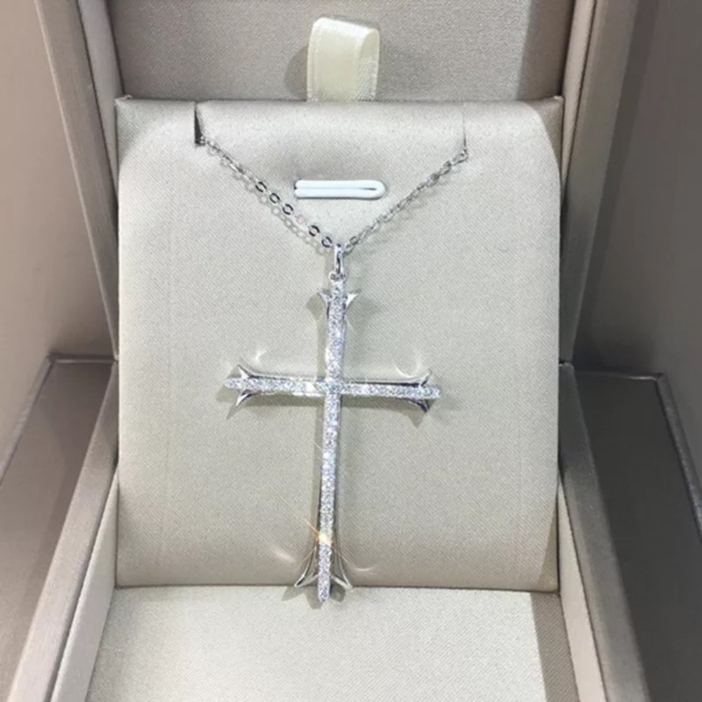 New Unisex 925 Silver Cross Diamond Necklace - Picture 4 of 6